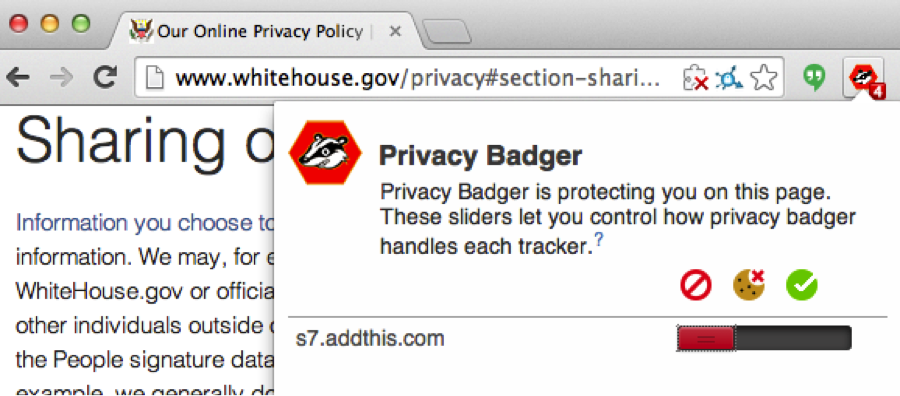 Privacy Badger blocks AddThis's fingerprinting tracker on whitehouse.gov