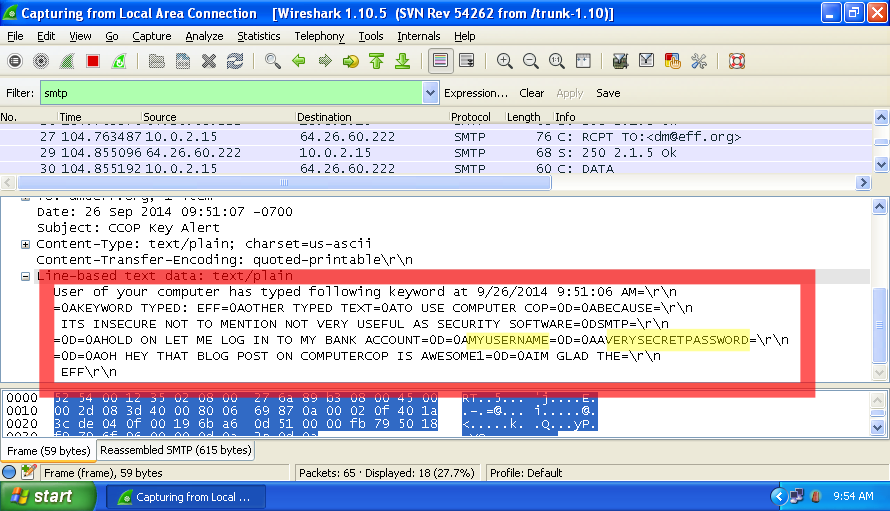 Image of a packet capture log showing key logs being transmitted unencrypted over the Internet.