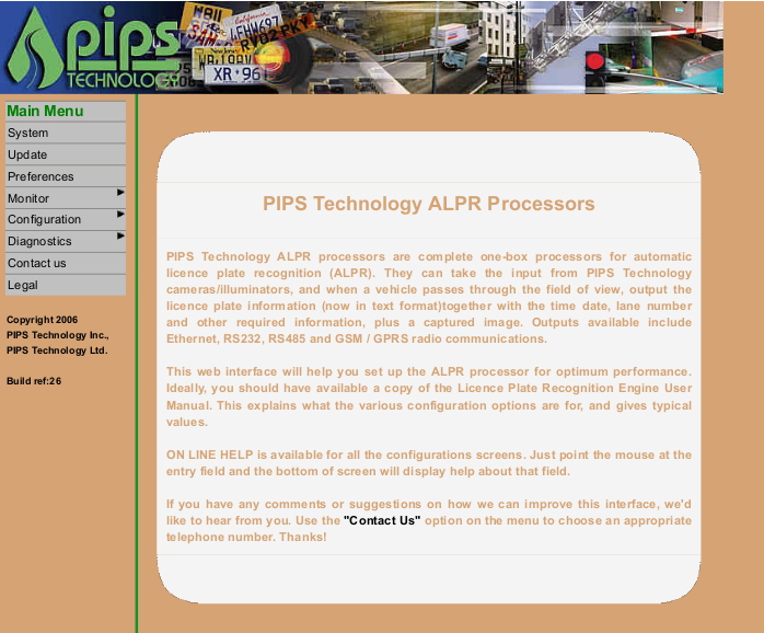 Exposed PIPS ALPR camera homepage