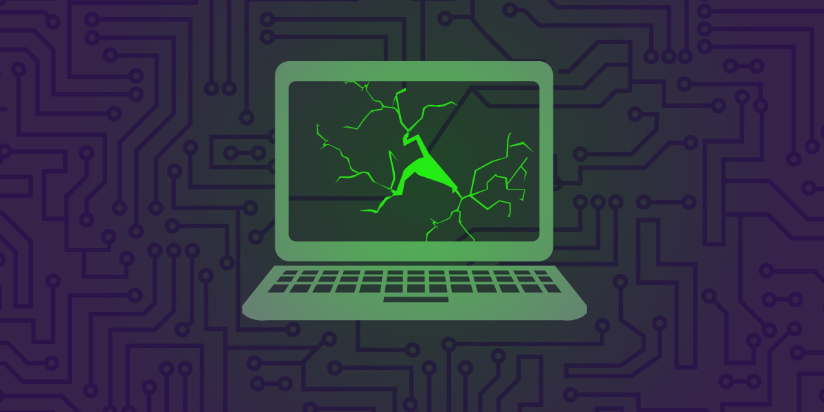 A glowing crack emerging from a computer screen, spreading and infecting nearby circuits.