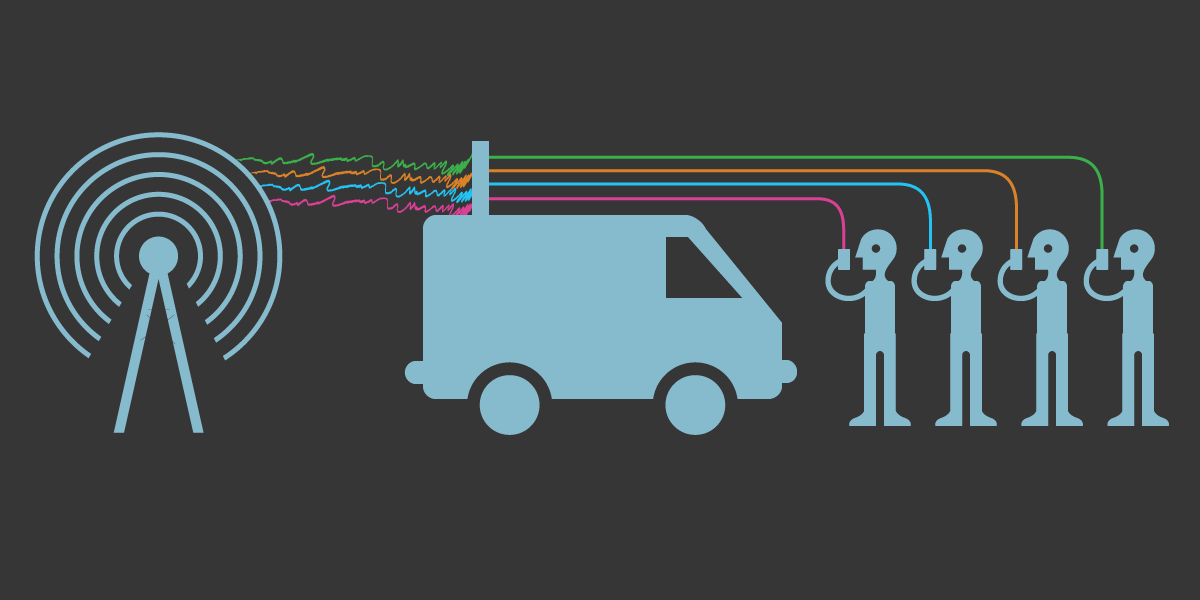 A network tower sends signals to people holding cellphones. A large van with an antenna is in the middle disrupts it.