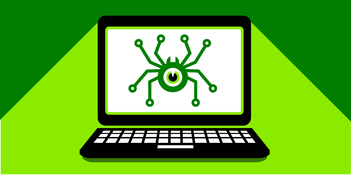 An eyeball with a spider-like body stares from a computer screen.