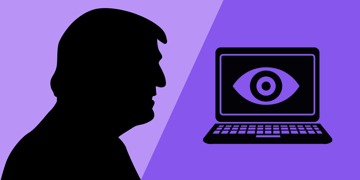 Donald Trump's silhouette and a laptop with an eye on the screen.