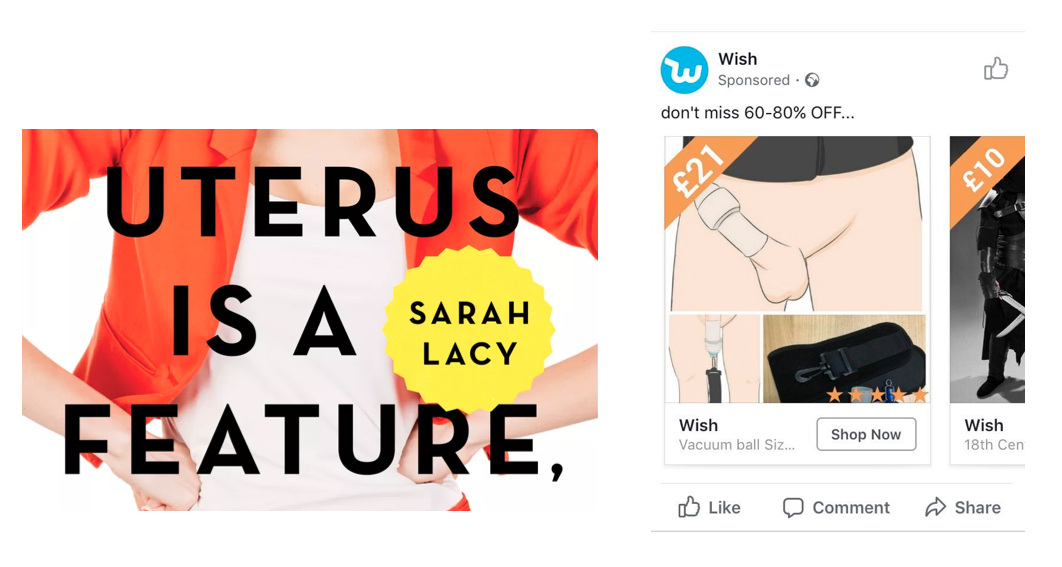 An image of the book "The Uterus Is a Feature, Not a Bug" on the left, and a graphic ad on the right.