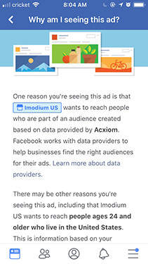 Text from Facebook explaining why an ad has been shown to the user.