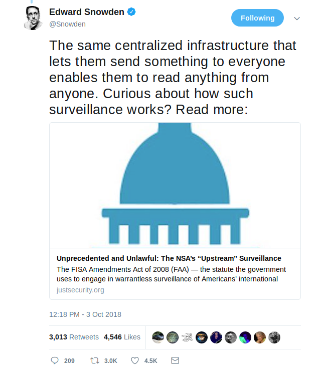 A tweet from Snowden about the "Upstream" surveillance program