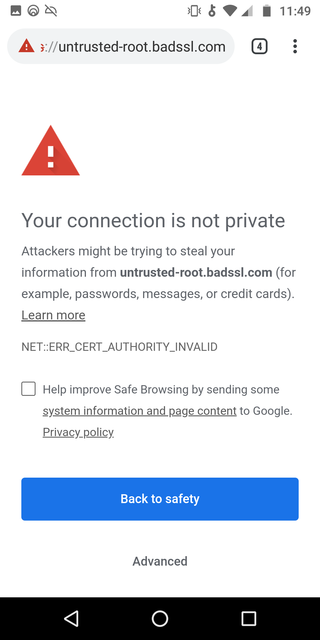 untrusted root ssl page on chrome