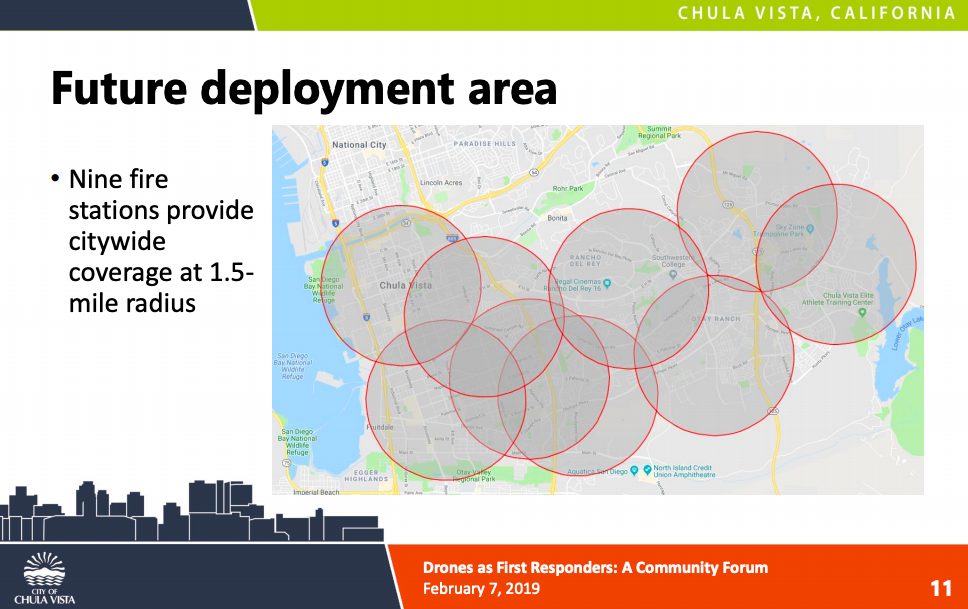 A map of Chula Vista with nine, overlapping circles indicating drone coverage