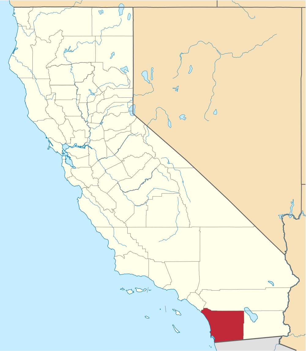 Map of California with San Diego County highlighted in the Southwestern of the state