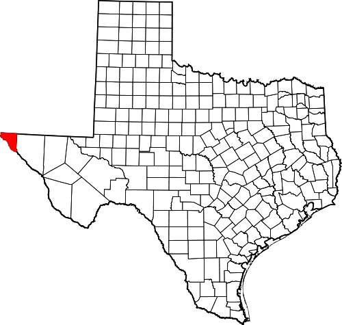 Map of Texas with El Paso County highlighted at the most Western point of the state.