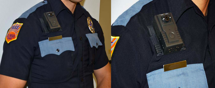 Images of a body-worn camera affixed the right side of an officer's chest. 