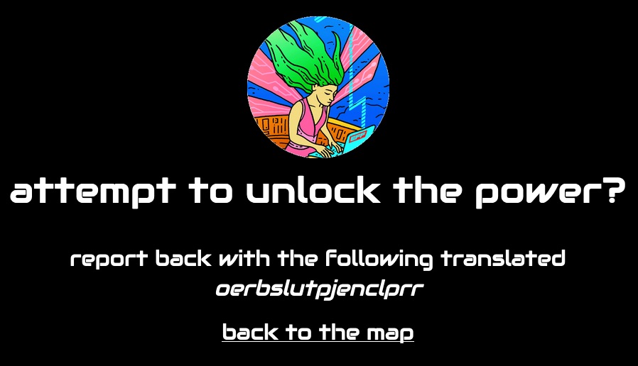 Closeup icon of a green haired traveler, and text that reads the following. Attempt to unlock the power? Report back with the following translated: oerbslutpjenclprr