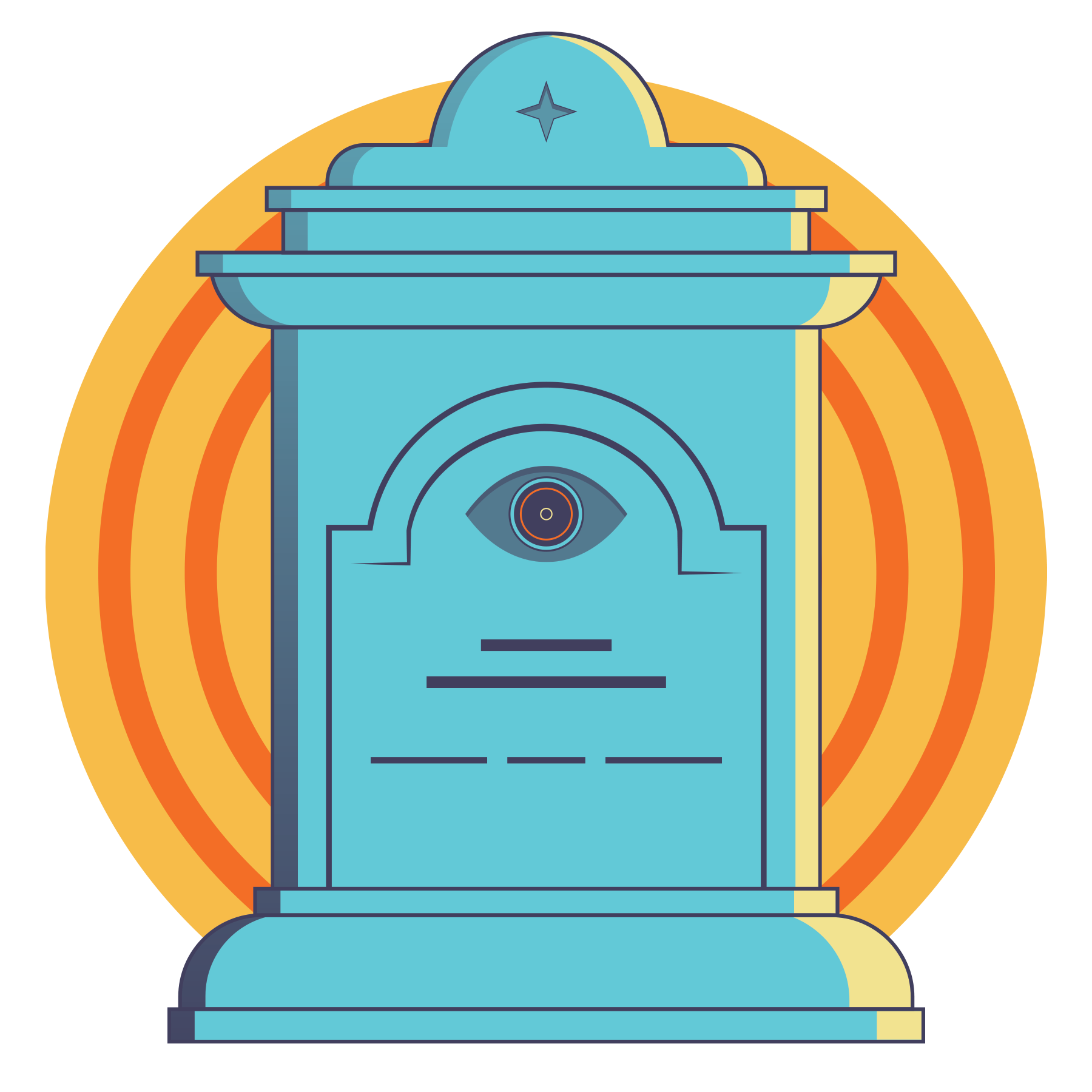 An illustration of a tombstone with an eye carved into the center