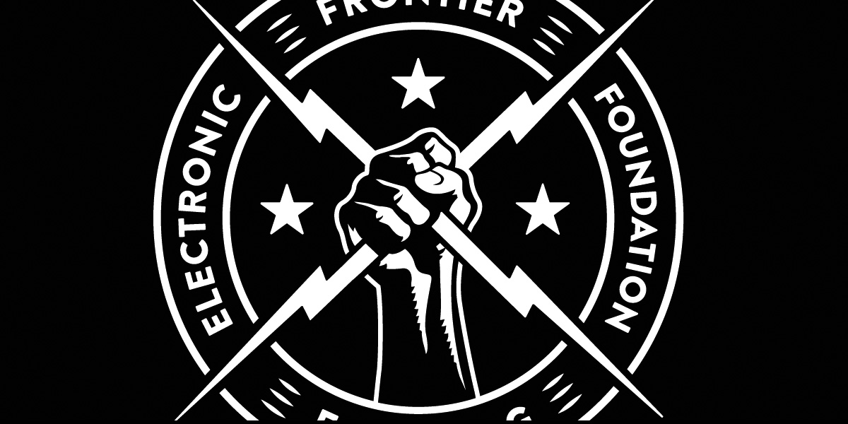 A fist holding two electric bolts, with circular text reading 'ELECTRONIC FRONTIER FOUNDATION'