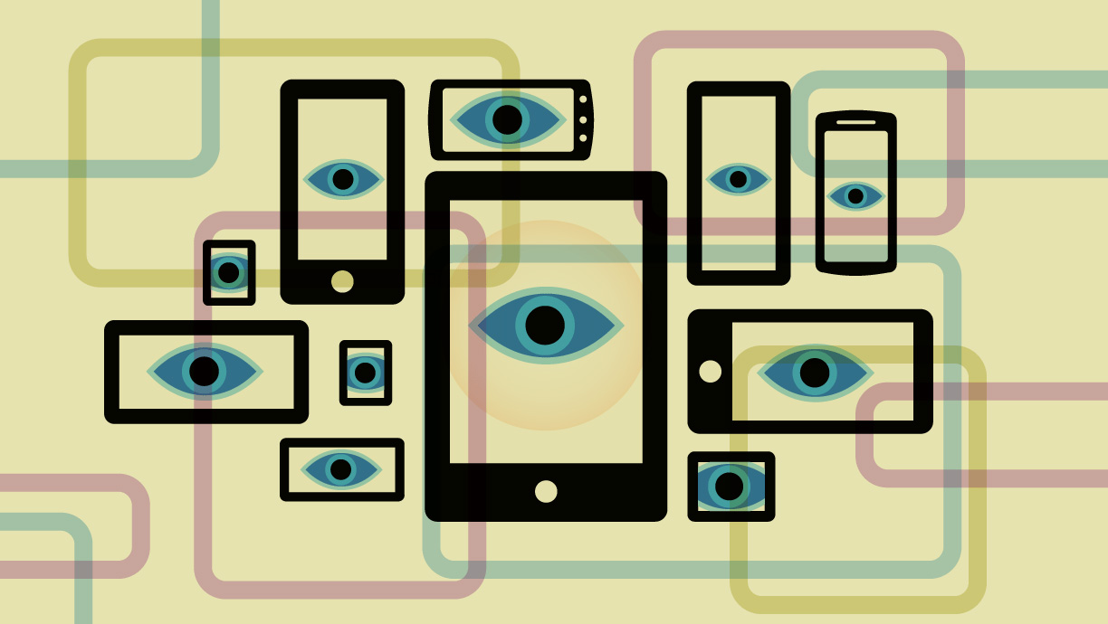 Overlapping mobile devices with spying eyes, and pastel colors.