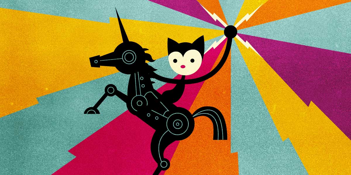 Cat riding a unicorn with lightning bolts in his hands.