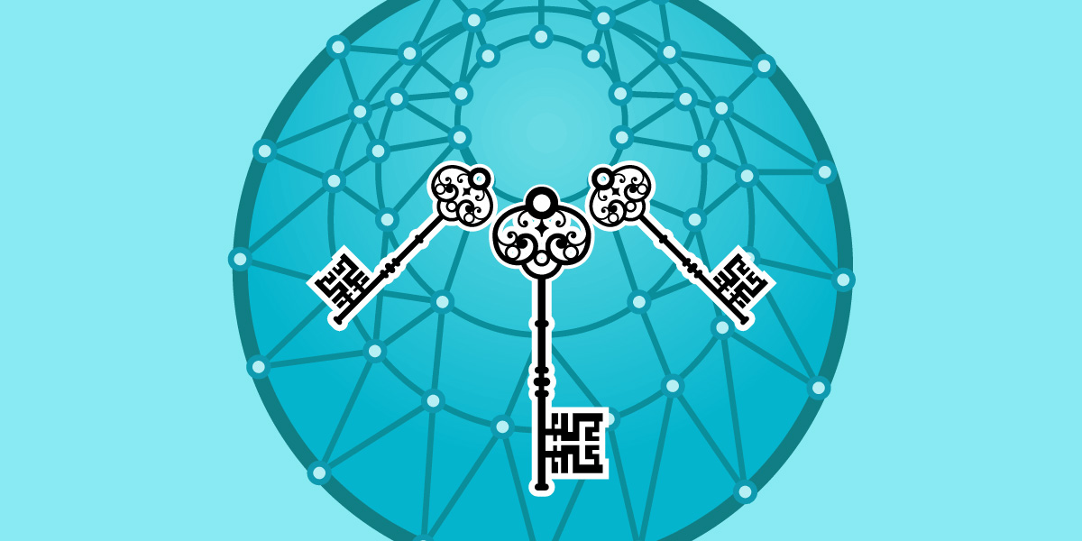 Old fashioned keys embedded in a network of nodes with a bright turquoise background.