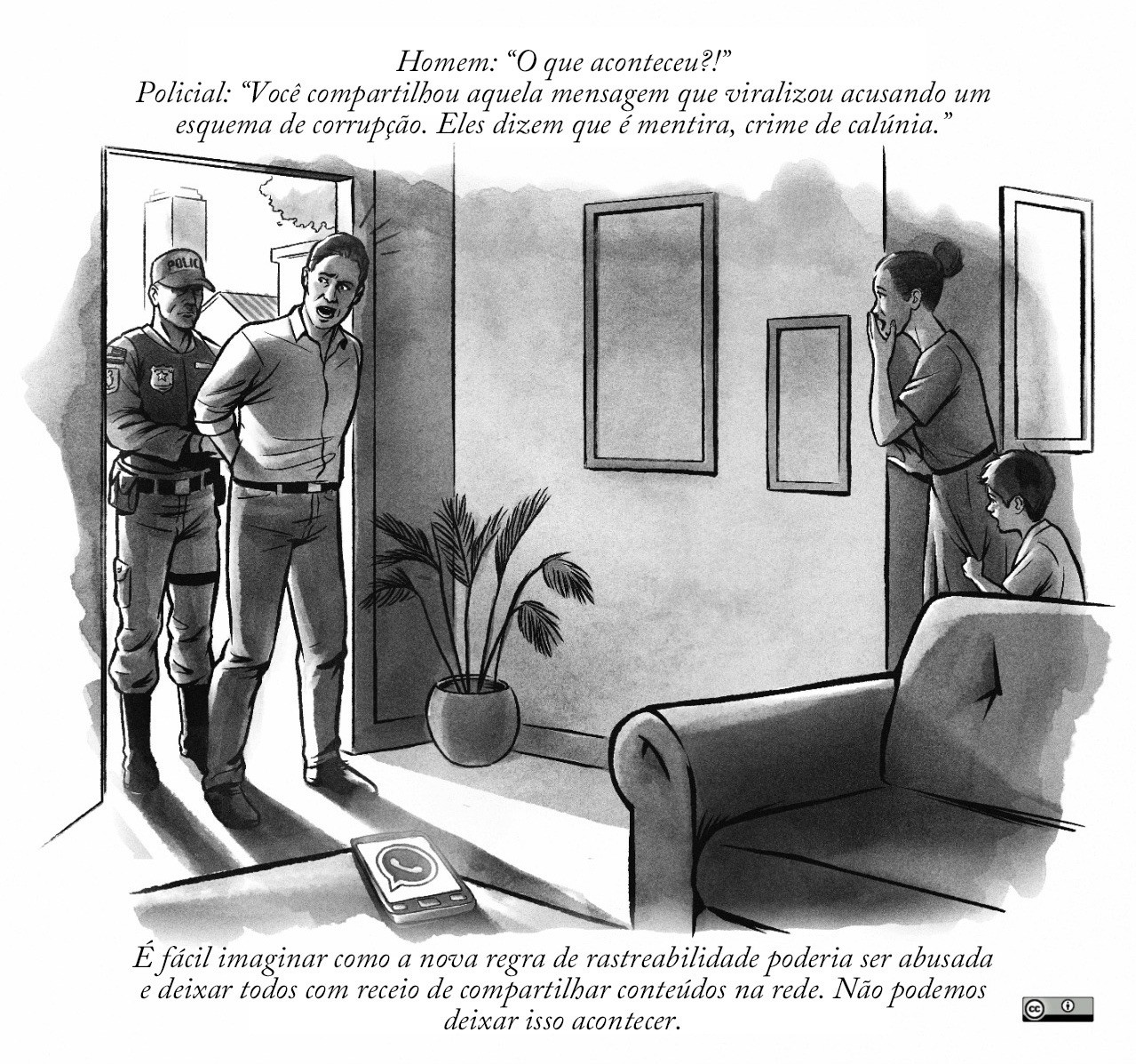 A Brazilian political cartoon of a man being arrested by a police officer in his home.