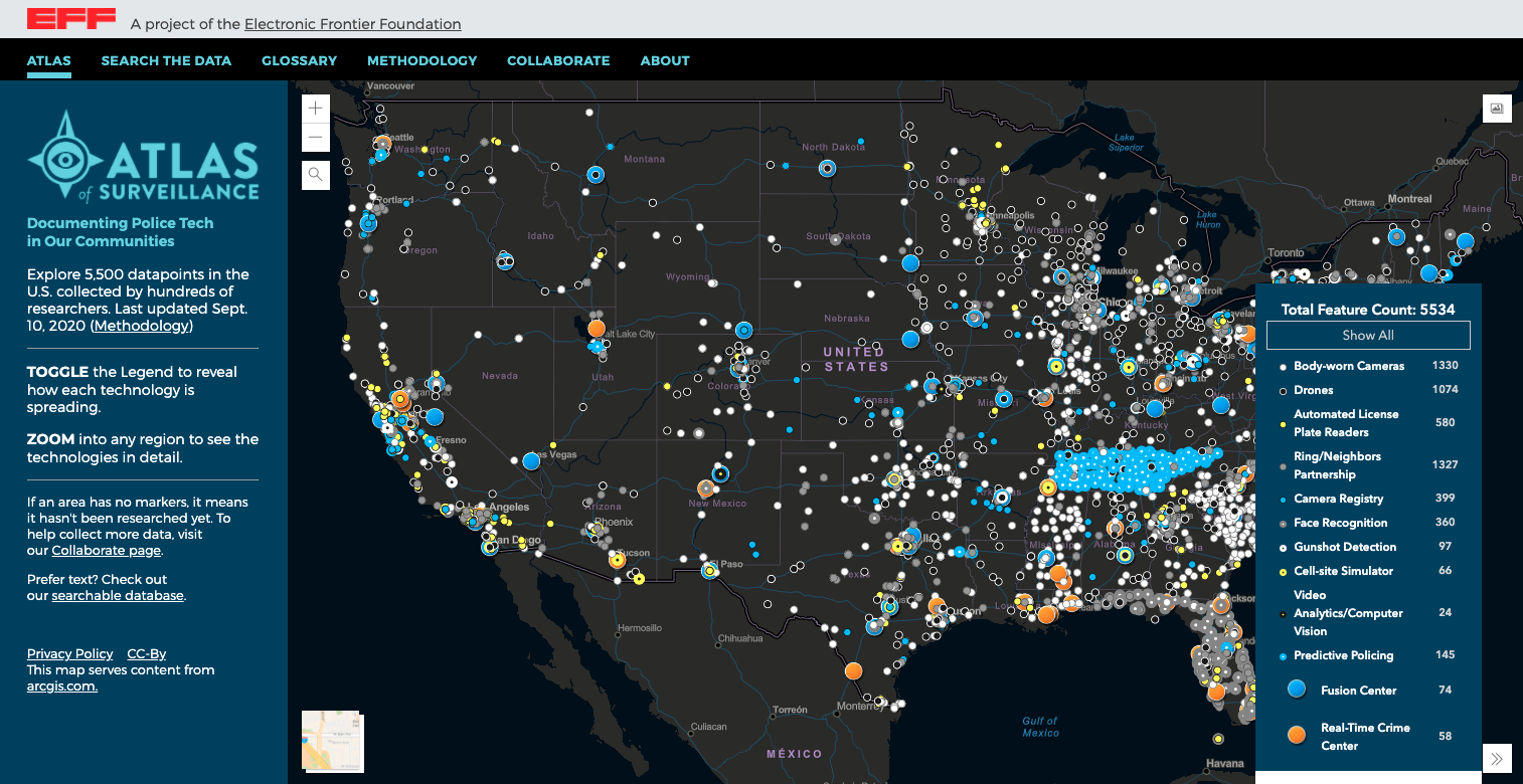 A map with a lot of dots representing different kinds of surveillance.