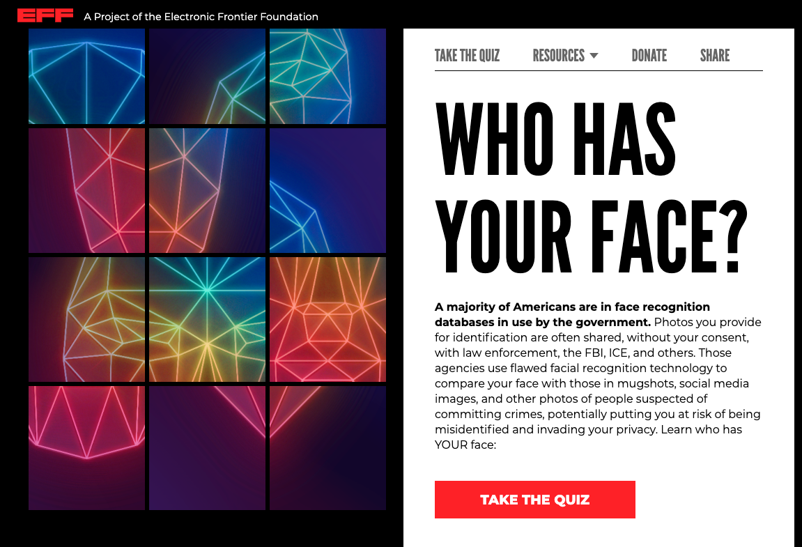 The front page of the Who Has Your Face website