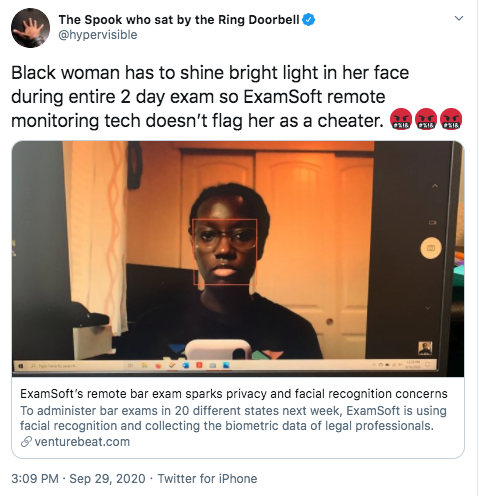  Black woman has to shine bright light in her face during entire 2 day exam so ExamSoft remote monitoring tech doesn’t flag her as a cheater. 🤬🤬🤬"