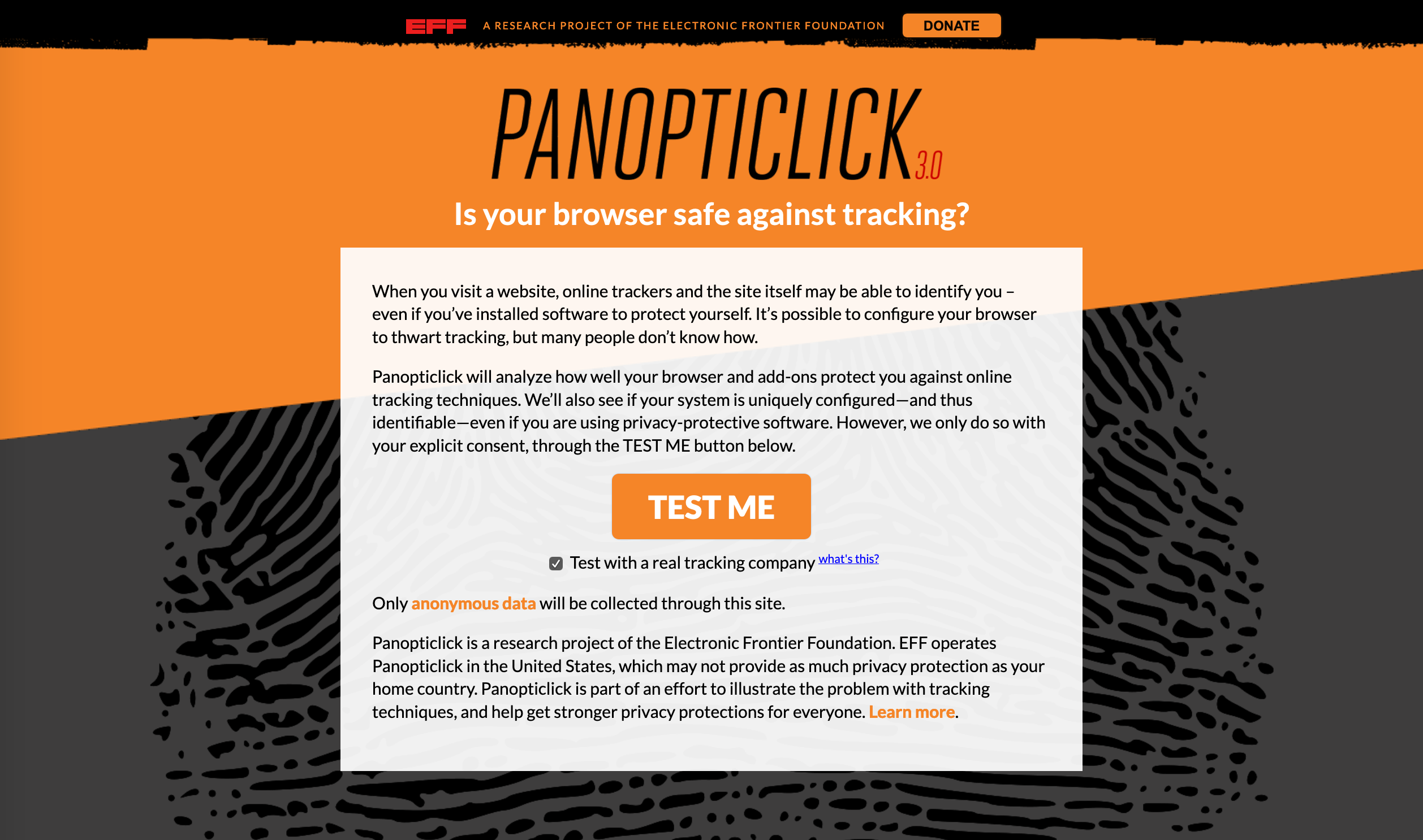 A screenshot of the older orange Panopticlick website, which shows a human fingerprint graphic.