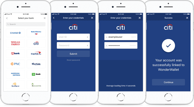 A series of mobile application screenshots showing how a user would log in to their Citi bank account with Plaid. 