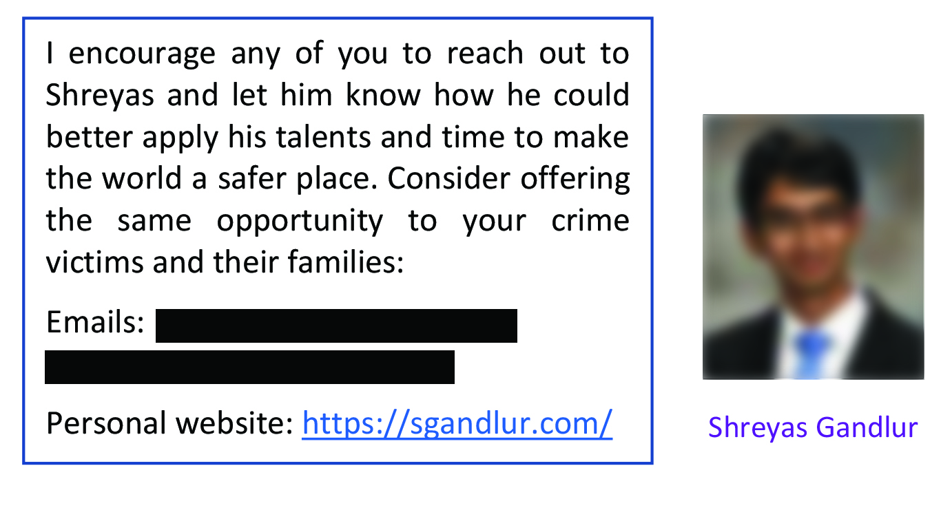 A screen grab of a newsletter asking people to send Shreyas Gandlur messages. Personal information has been redacted.