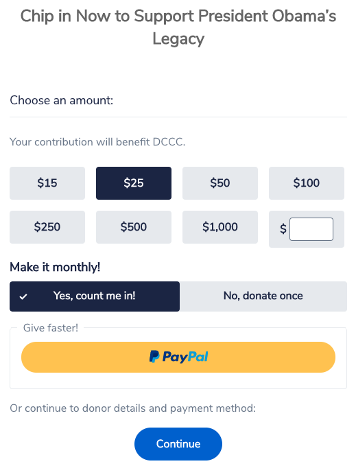 The donation form from dccc.org showing suggested amounts, and a section labeled "Make it monthly!" The selected option is "Yes, count me in!" The inactive option is "No, donate once."