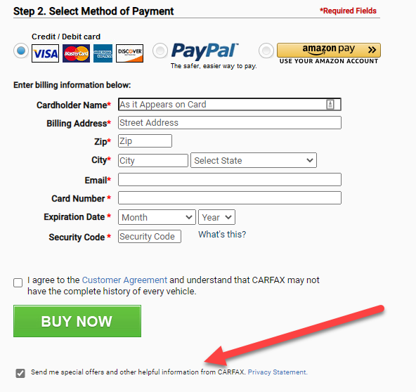  "Send me special offers and other helpful information from CARFAX" checkbox, already ticked to agree by default.