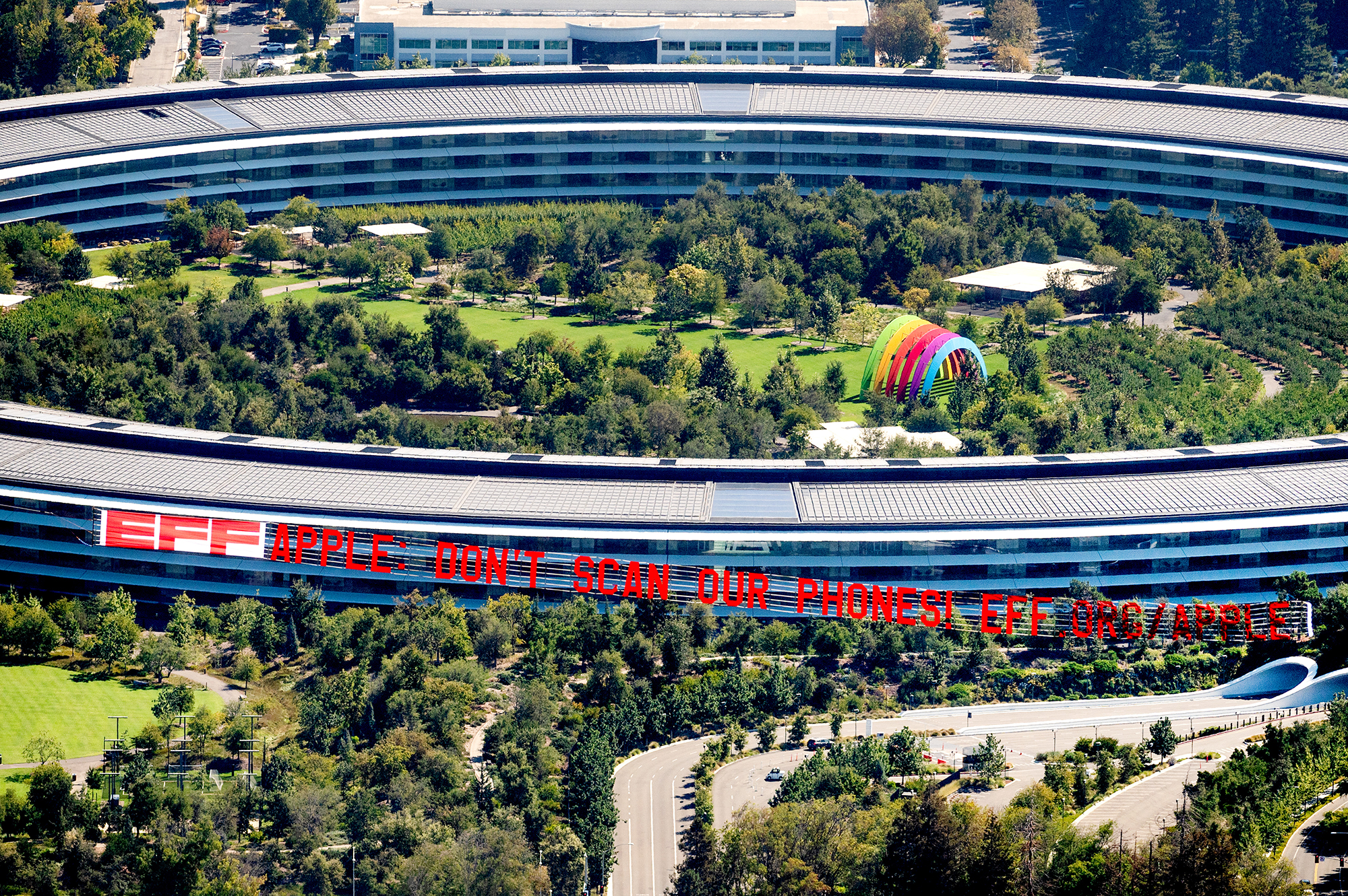 EFF banner flies over Apple Park, the corporate headquarters of Apple, located in Cupertino, California