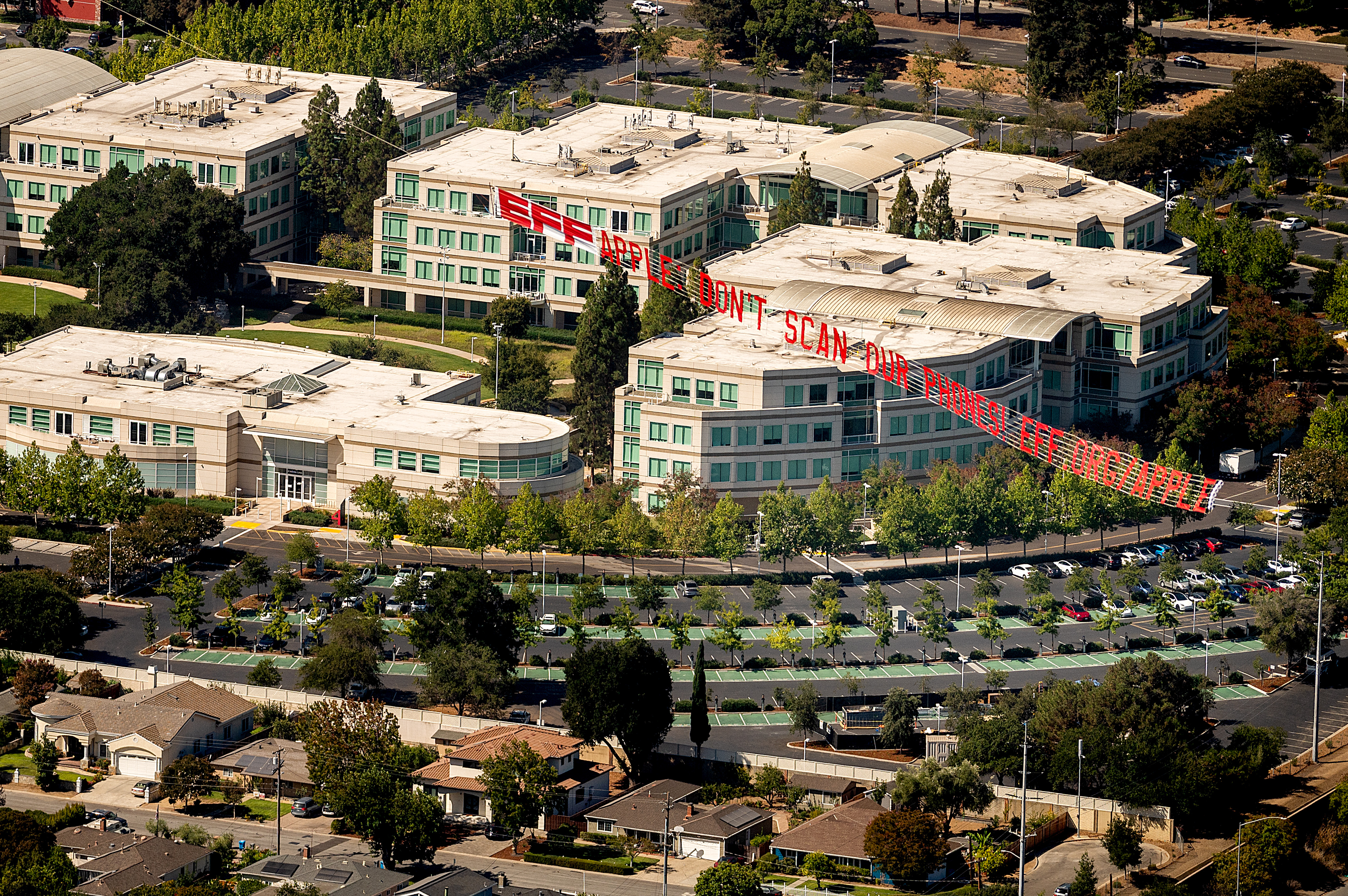 EFF banner flies over the previous Apple headquarters 