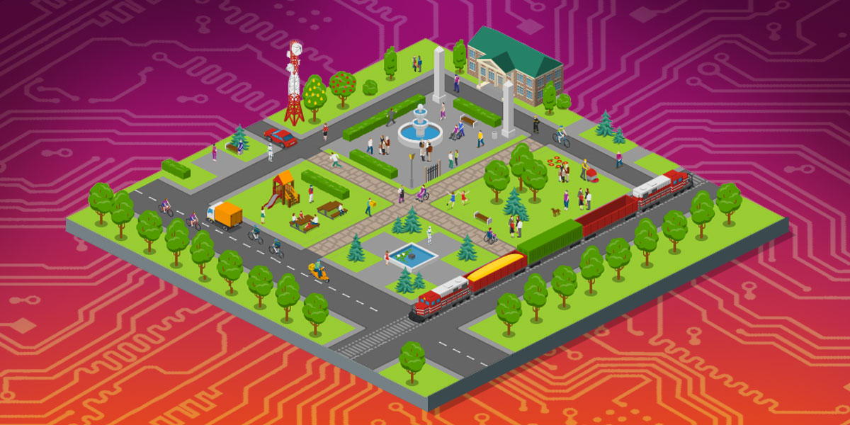 A public square sits on a digital circuit