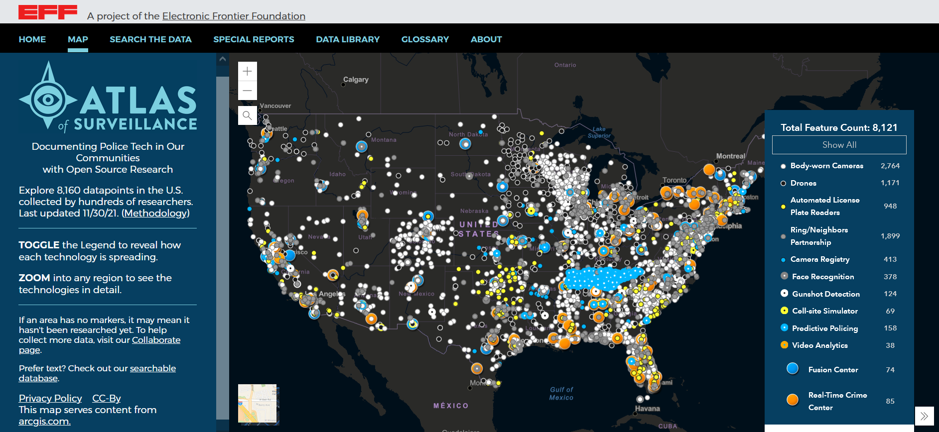 A map of the United States covered in colored dots representing various surveillance technologies.