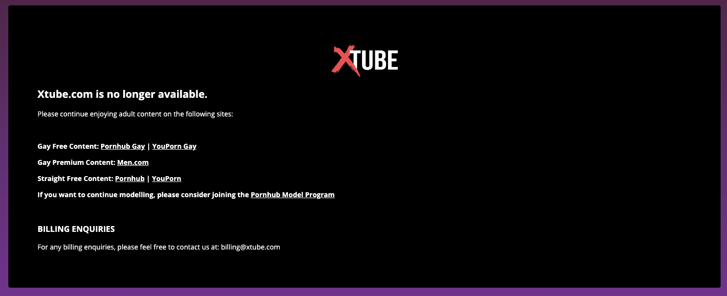 Banner message on XTube that says they are now closed for good