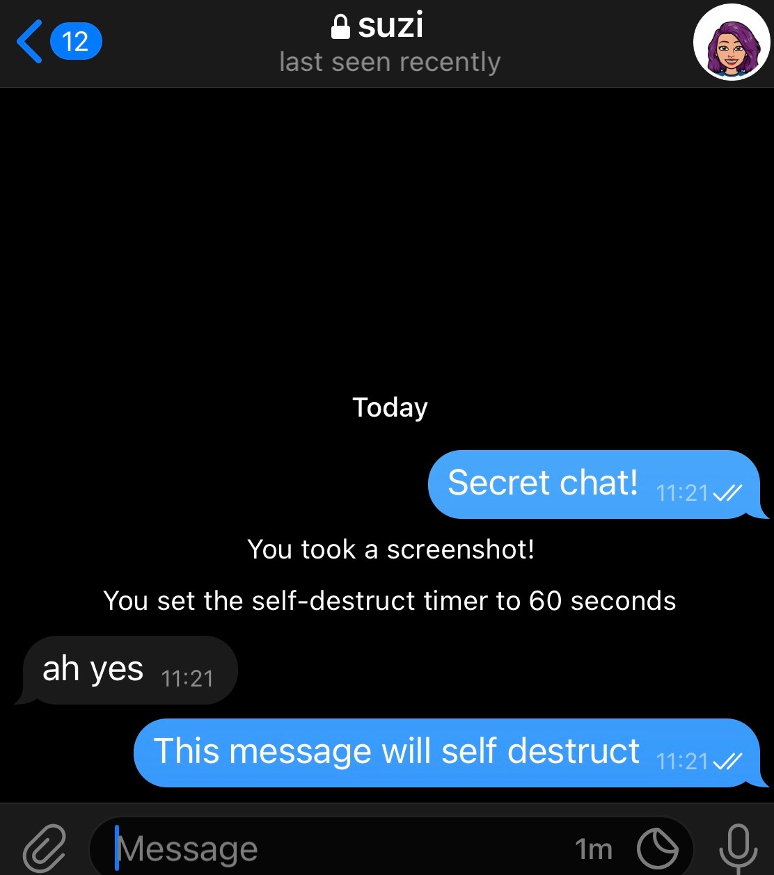 AN image from Telegram. The app indicates that messages will now self destruct, with a message saying You set the self-destruct time to 60 seconds.