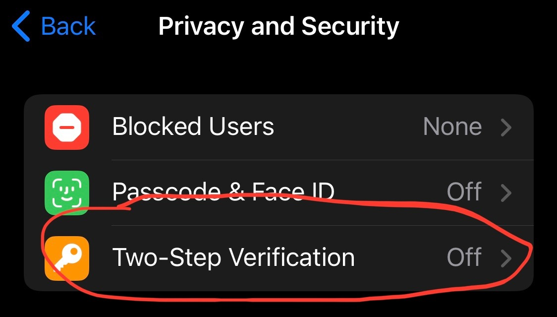 AN image from Telegram. Two-step verification is highlighted.