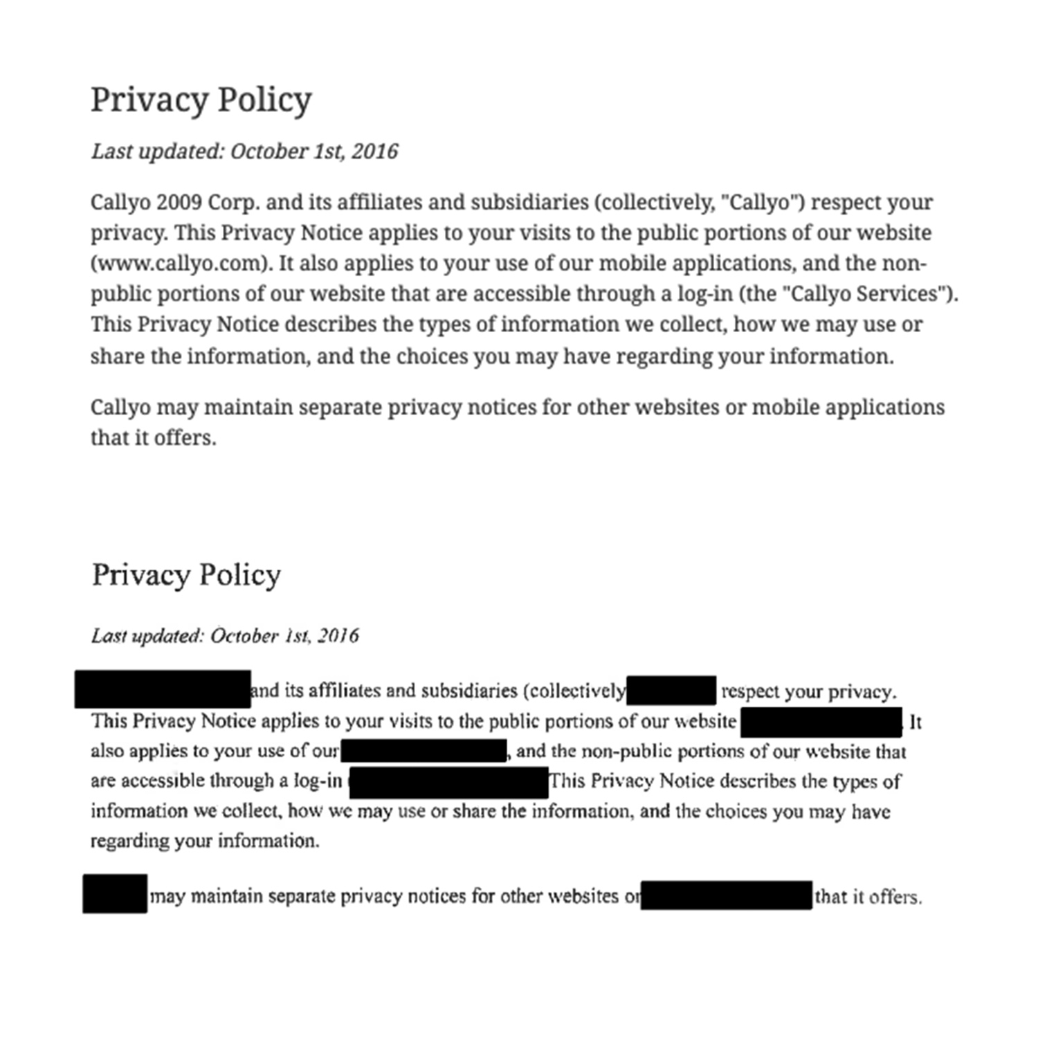 A side-by-side comparison of a privacy policy and a redacted version of the same document.