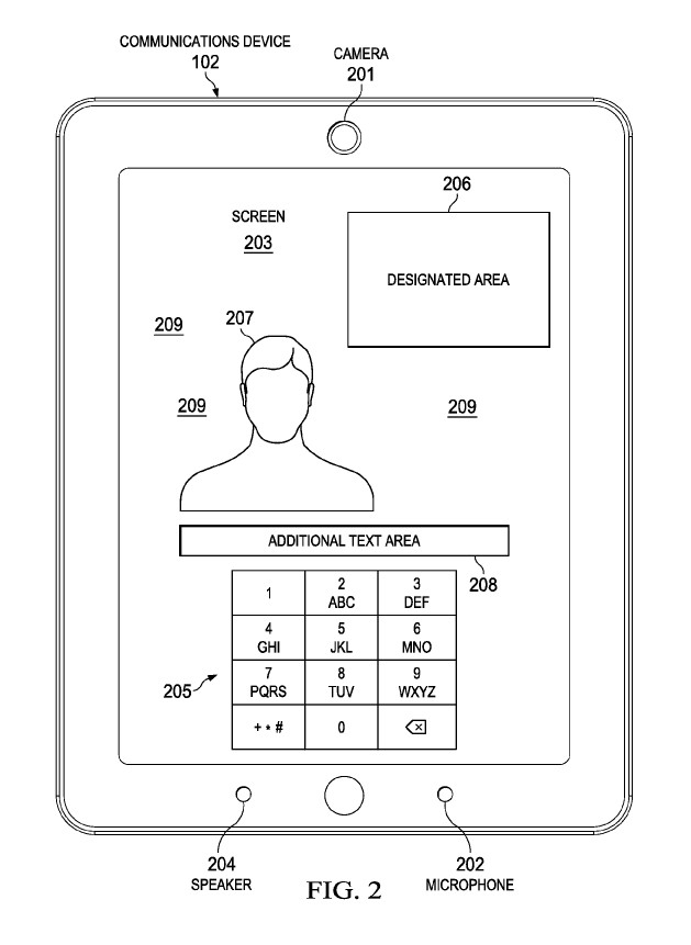 A patent illustration showing a tablet video call with various places advertisements could go.