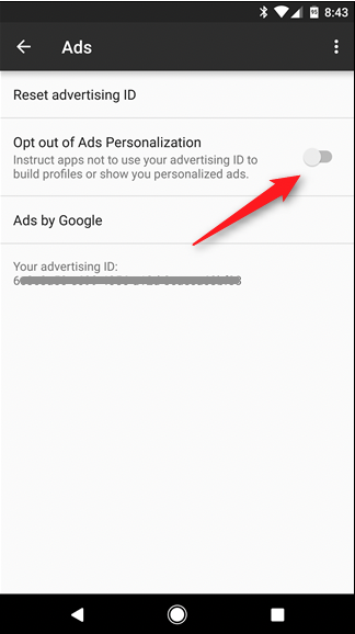 A screenshot of the Android opt out of personalization option. This page allows you to turn off personalized ads.