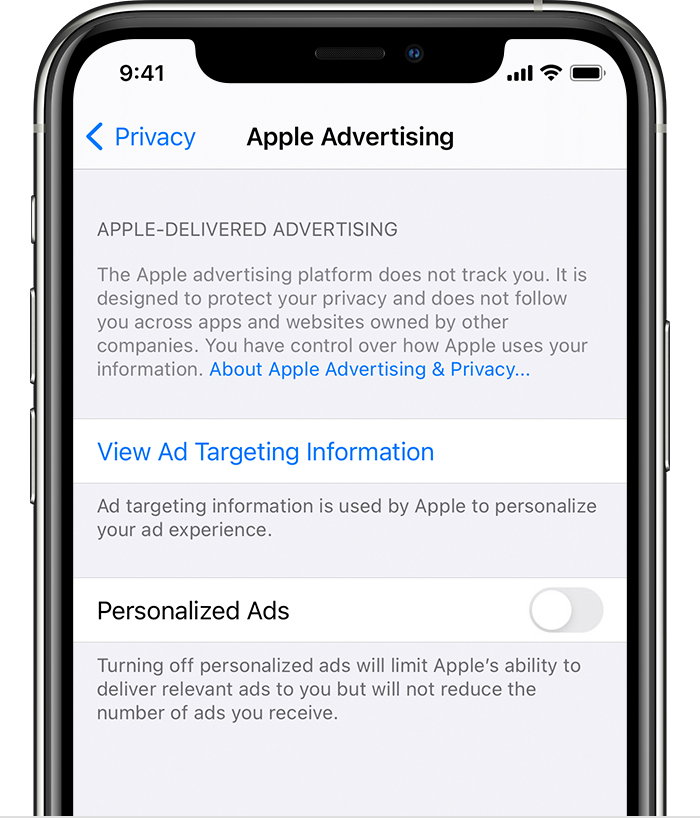 A screenshot of the iOS Apple Advertising Menu. This page allows you to choose to turn off the ID (personalized Ads). 