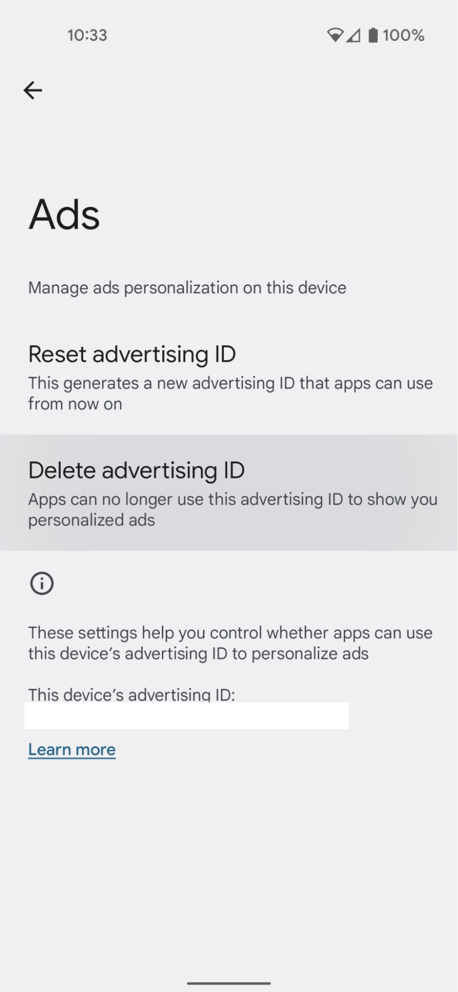 A screenshot of the Android Delete Advertising ID page. Delete Advertising ID option is highlighted.