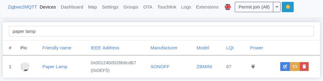 Screenshot of zigbee2mqtt web interface