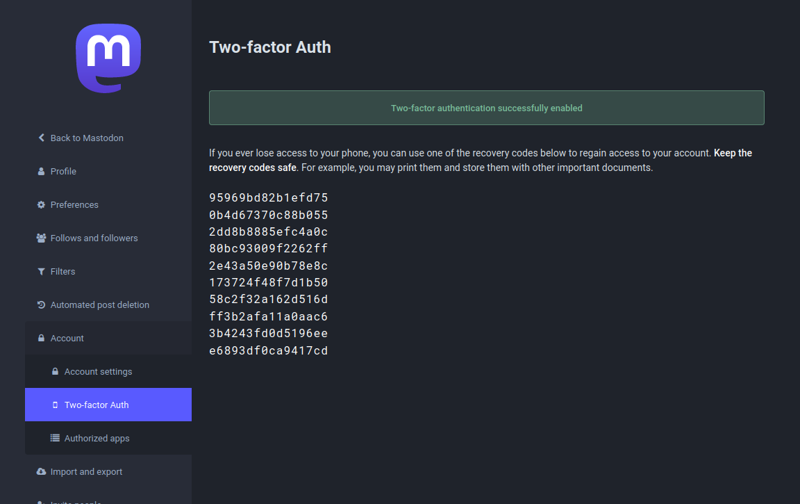 "Two-factor Auth" page now showing 10 recovery codes