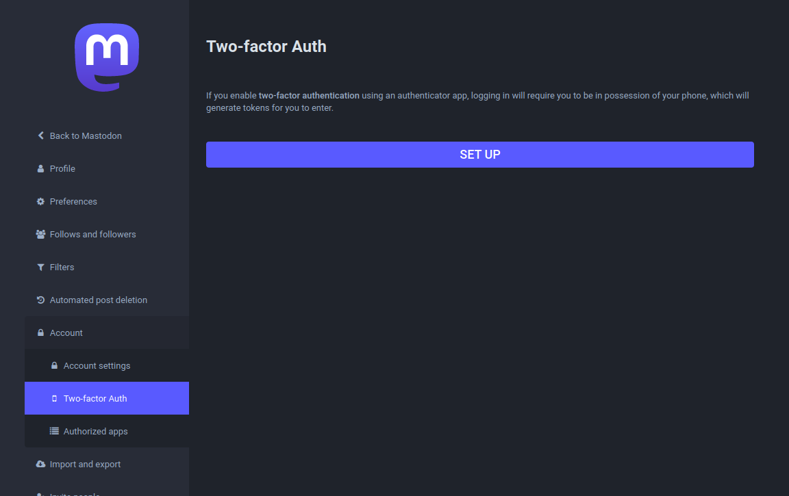 Mastodon setting page called "Two-factor Auth" under "Account". Showing "set up" prompt