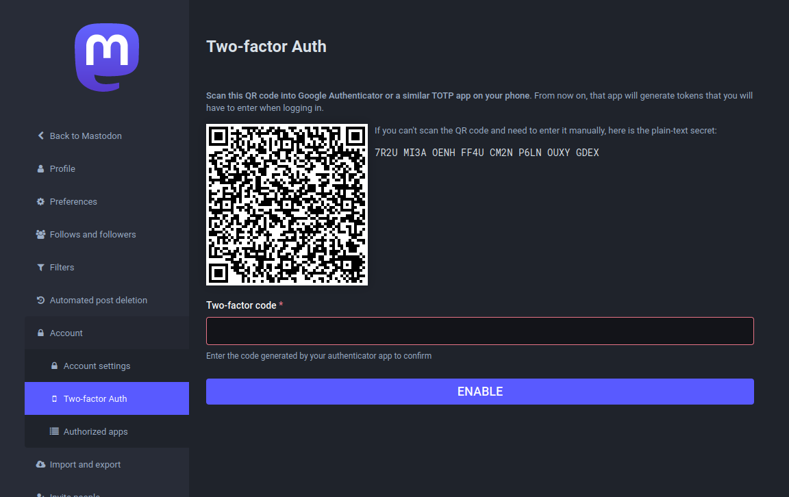 "Two-factor Auth" page now showing a QR code and plain text secret