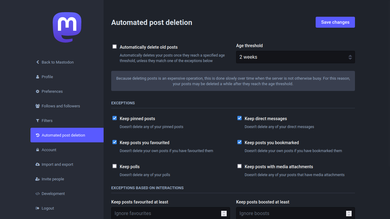 Mastodon setting page called "Automated Post Deletion"