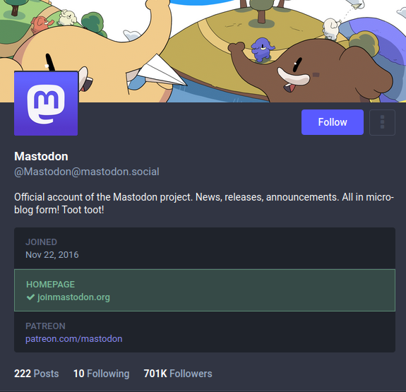 Example of official mastodon project account with a verified homepage of joinmastodon.org