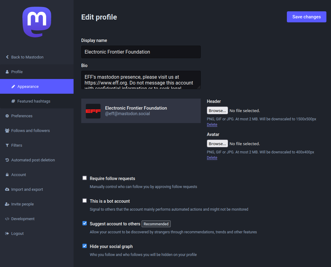 Mastodon setting page called "Appearance" under "Profile"