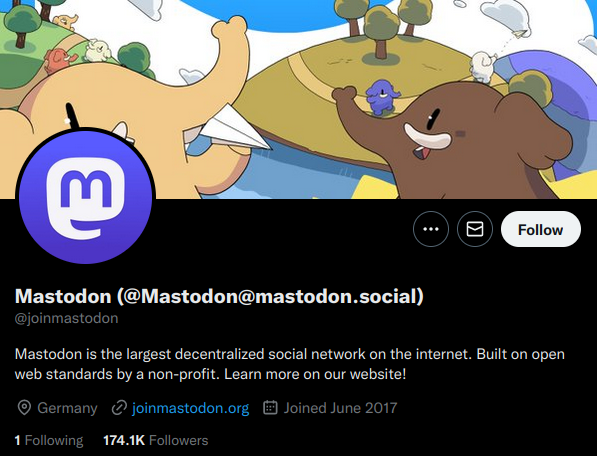 Twitter profile of joinmastodon, showing fediverse handle in the name